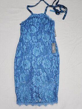 Lulus Womens XS Blue Floral Lace Halter Sheath Dress Sleeveless Lined